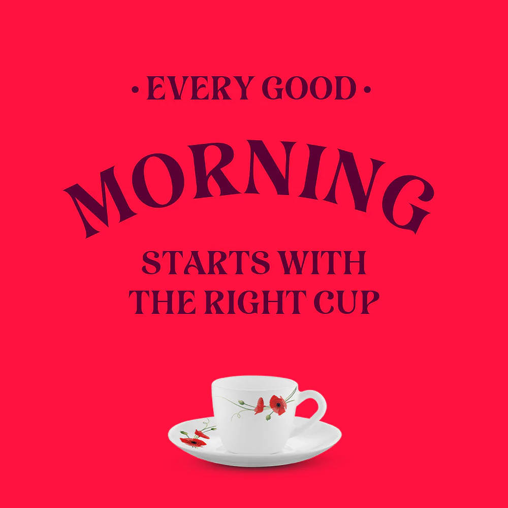 Larah by Borosil Red Carnation Cup n Saucer Set, 140ml x 8