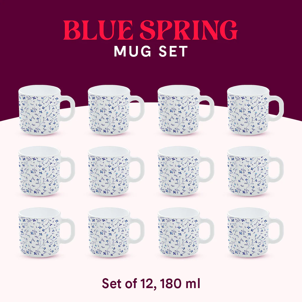 Larah by Borosil Blue Spring Mug Set, 180ml x 12