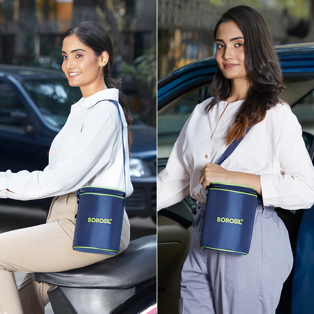 Borosil Blue Glass Lunchbox, Round x 3, 400ml x 3