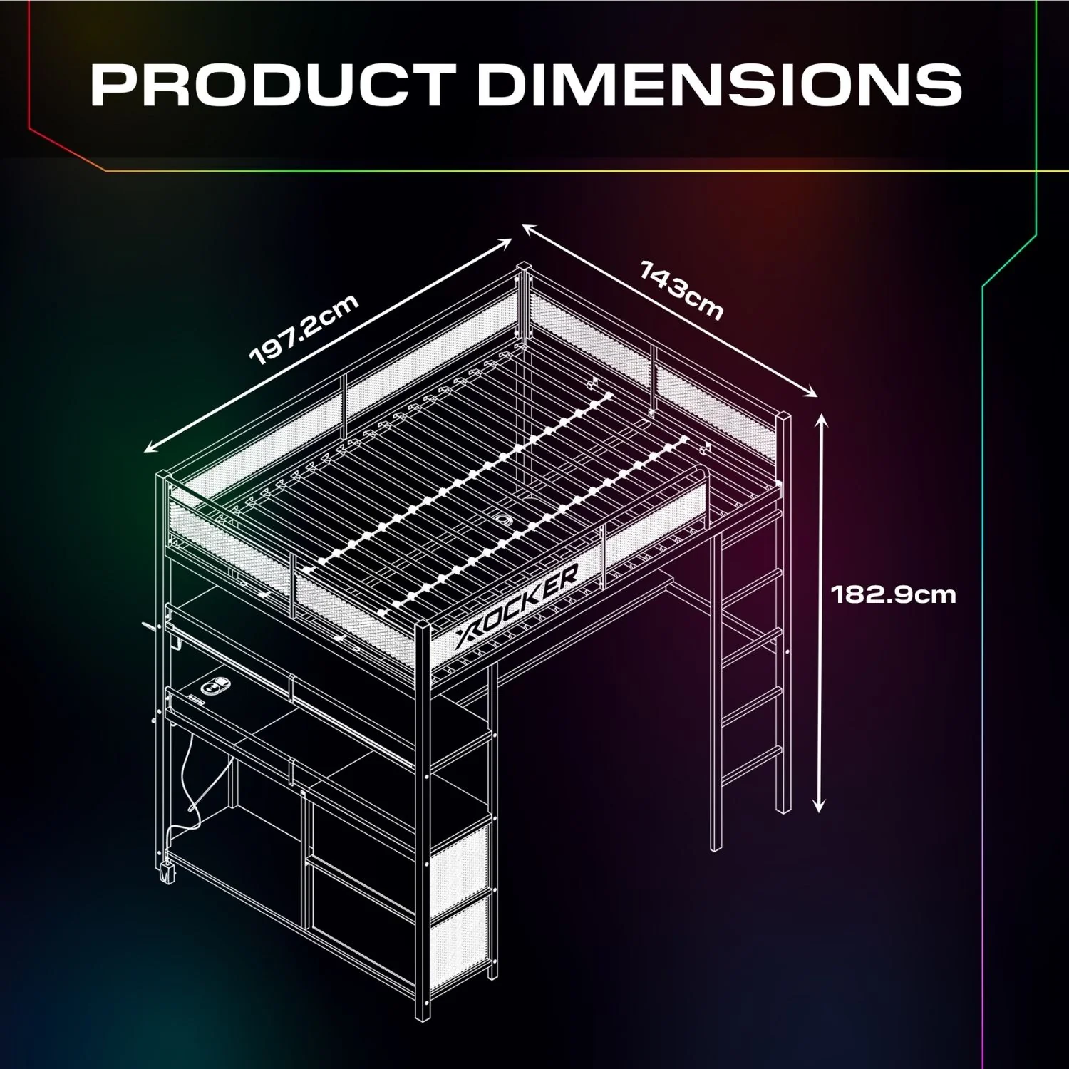 Battlebunk XL RGB Double High Sleeper Gaming Bunk Bed with Desk - Black