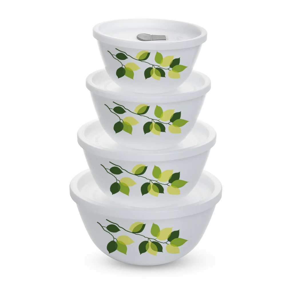 Larah by Borosil Green Leaves 4 pc Mixing Bowl, 500 ml + 1 L + 1.5 L