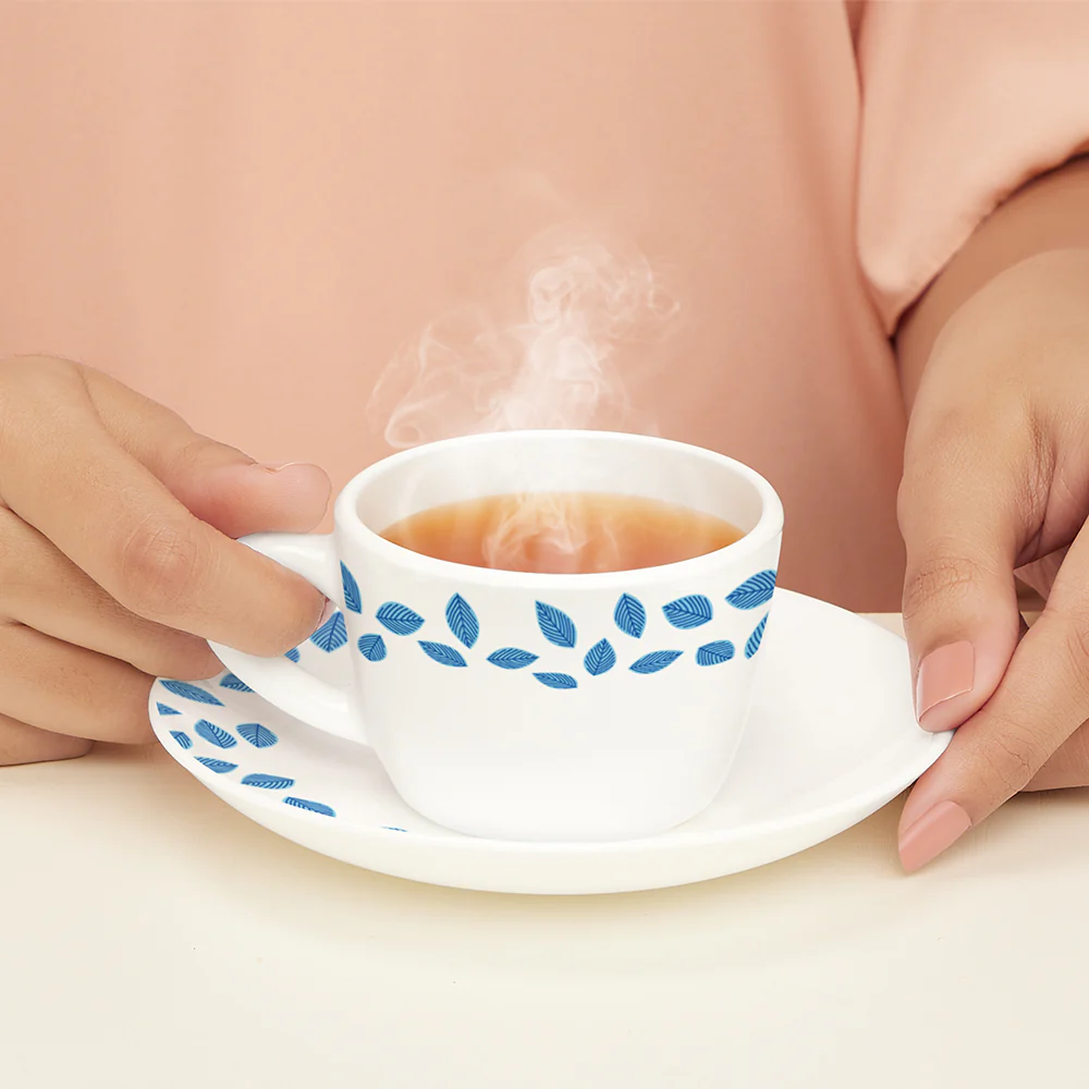 Larah by Borosil Blue Leaves Cup n Saucer Set, 140ml x 12