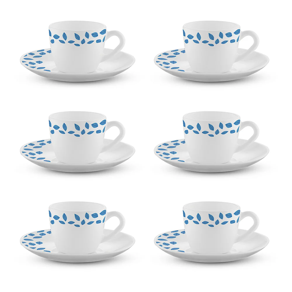 Larah by Borosil Blue Leaves Cup n Saucer Set, 90ml x 12