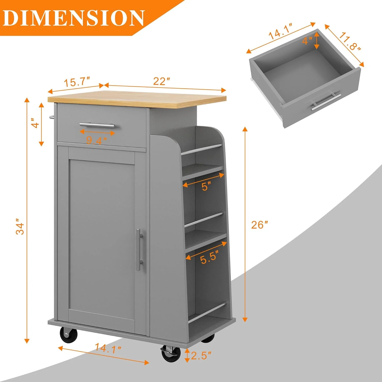 Small Kitchen Island on Wheels with 3-Tier Side Spice Rack and Rubber Wood Top