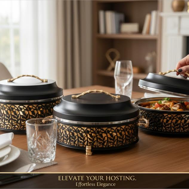 3 Piece Thermos Hot Pot Set Black & Gold Full Metal