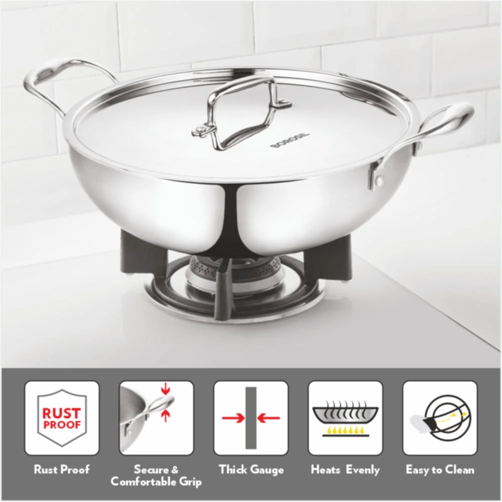 Borosil Cookfresh Triply Kadhai (SS Handle + Lid), 4.6L