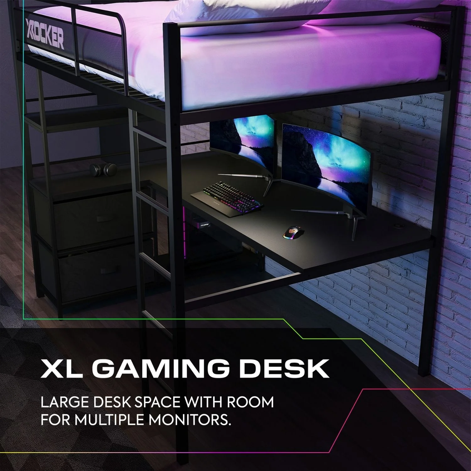 Battlebunk XL RGB Double High Sleeper Gaming Bunk Bed with Desk - Black