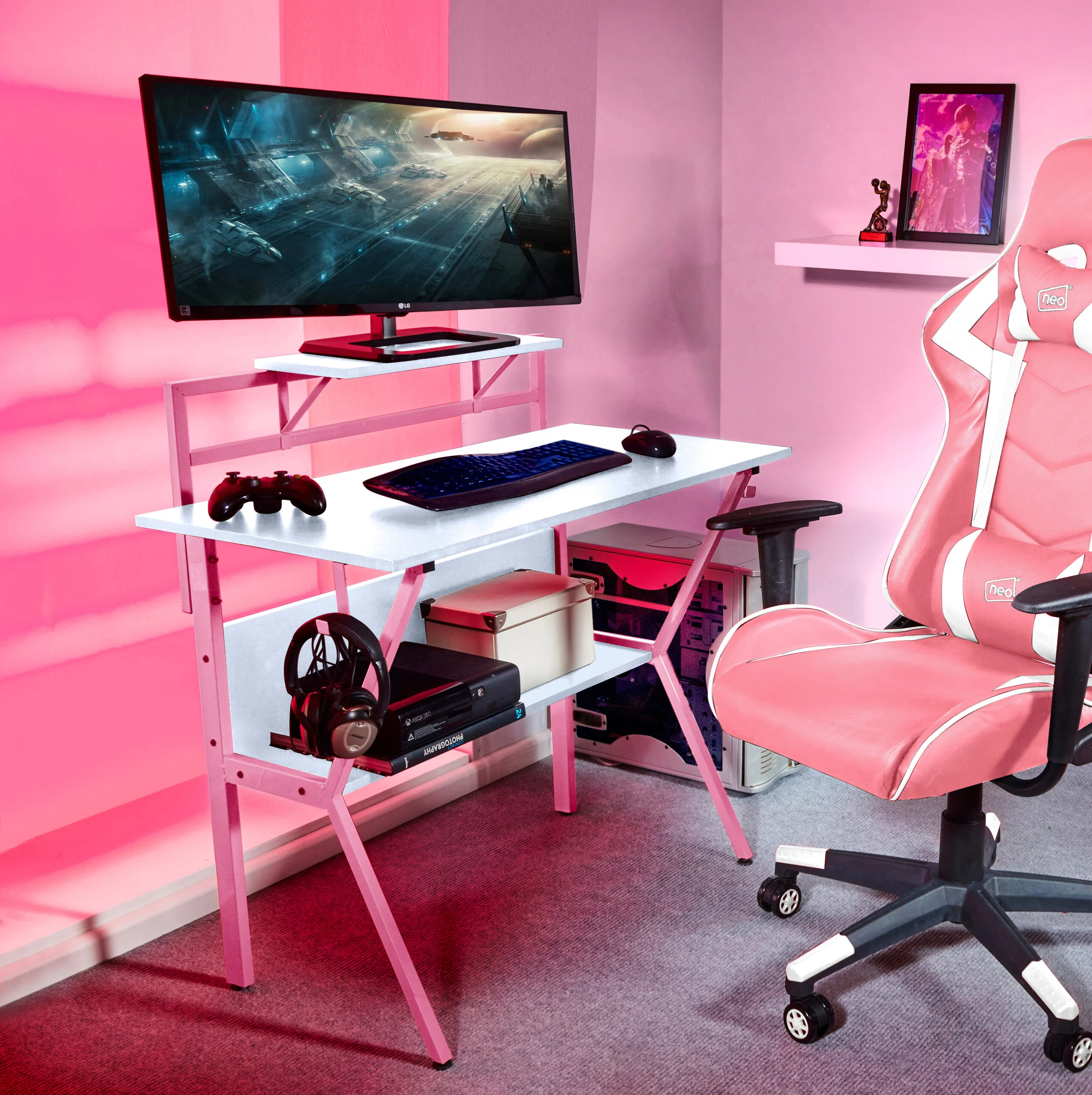 Neo Gaming Desk Pink Ergonomic 2 Tier