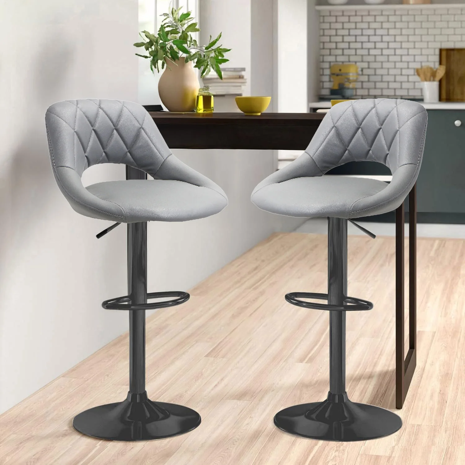 Neo Bar Stool Grey Faux Leather Black Steel Base Set of Two