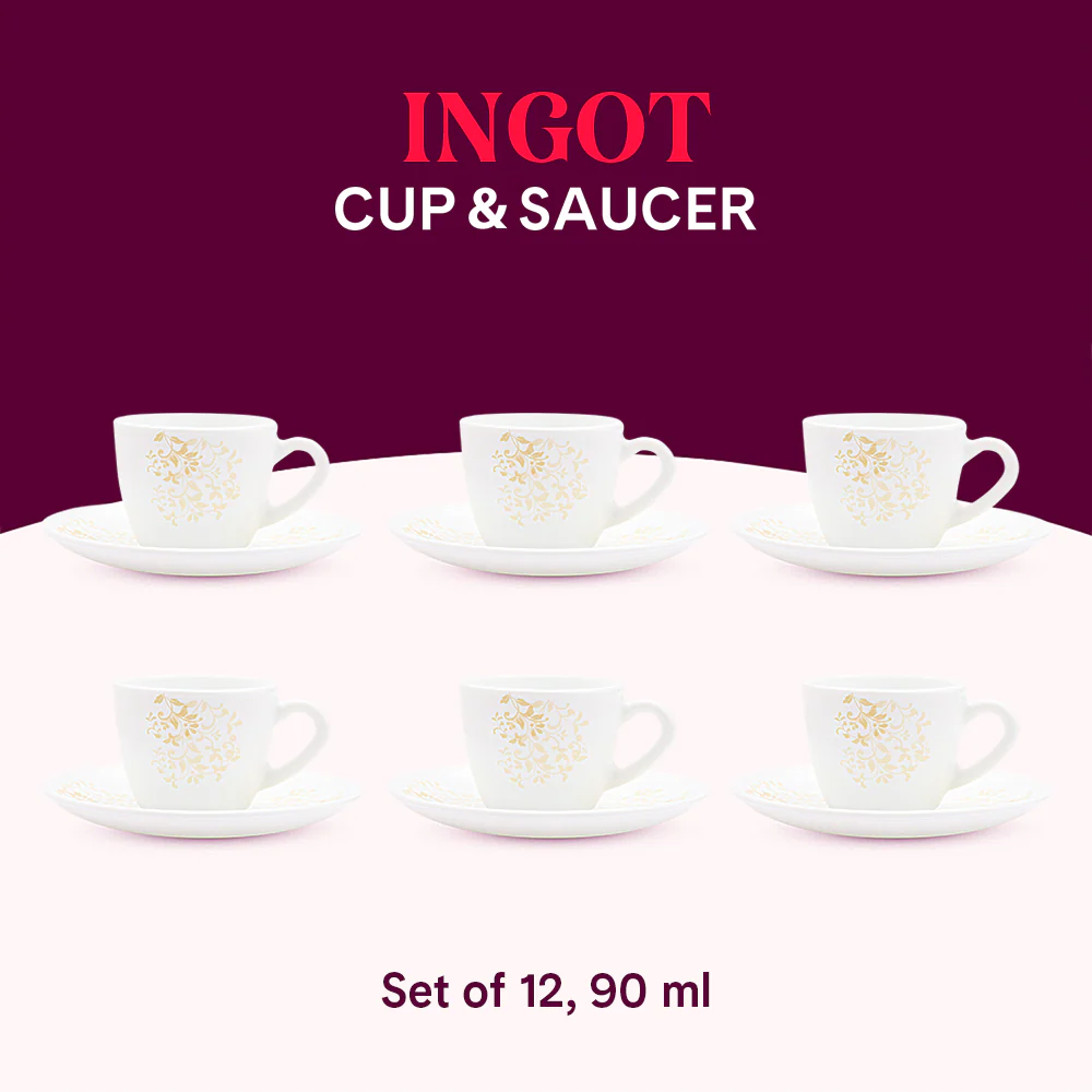 Larah by Borosil Ingot Cup n Saucer Set, 90ml x 12