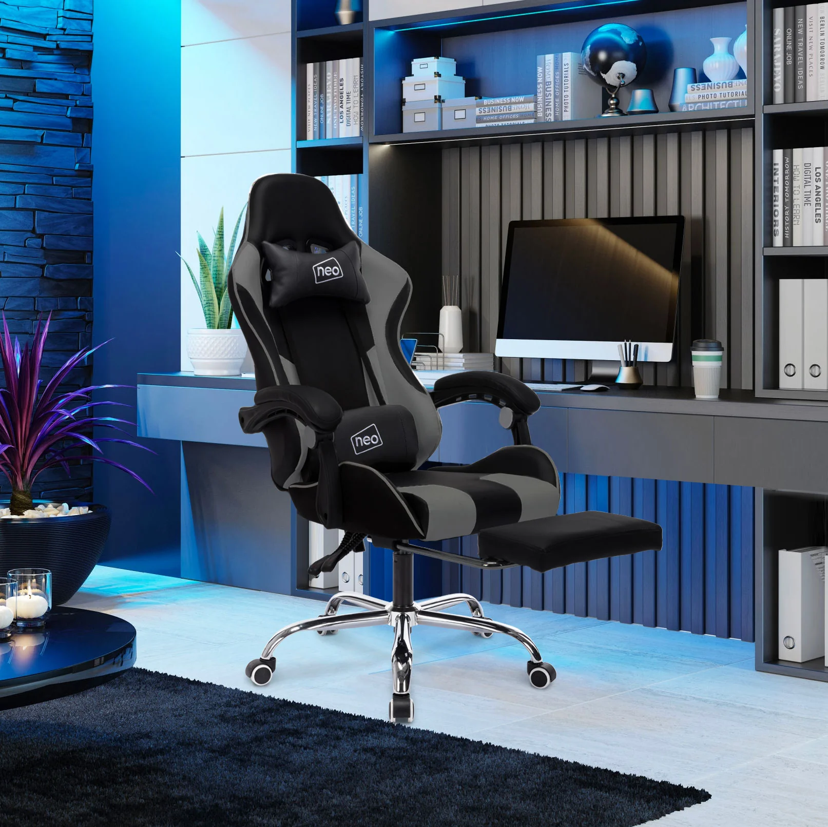 Neo  Gaming Chair Grey & Black Leather with Massage Function