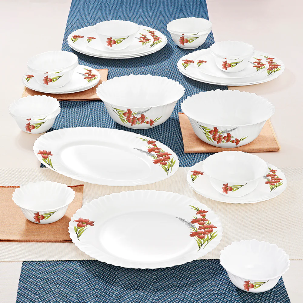 Larah by Borosil Red Iris Dinner Set, 27 pc