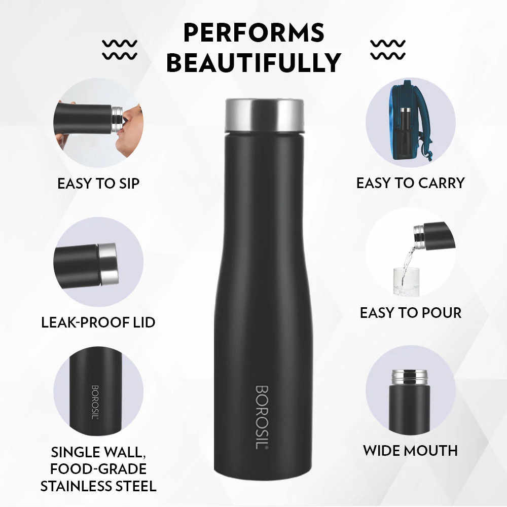 Borosil Swan Stainless Steel Single Wall Bottle, Black, 1L