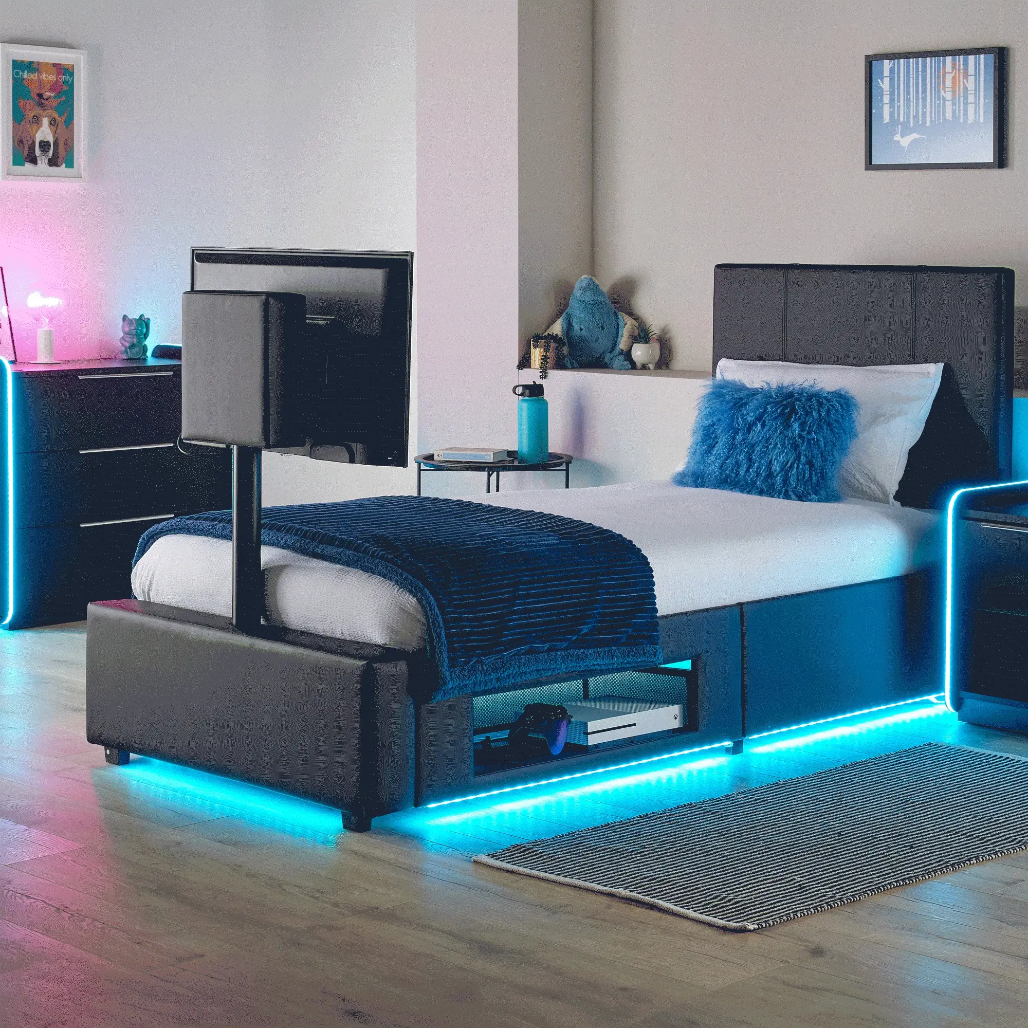 Ava Upholstered TV Bed with LED Lights - Black (4 Sizes)
