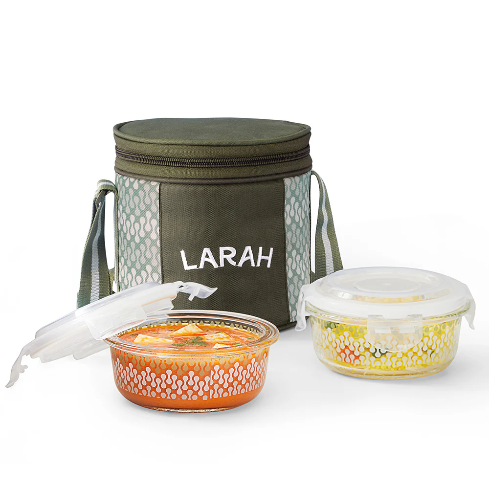 Larah Gracia Glass Lunchbox, Round x 2 (Tall), 400ml x 2