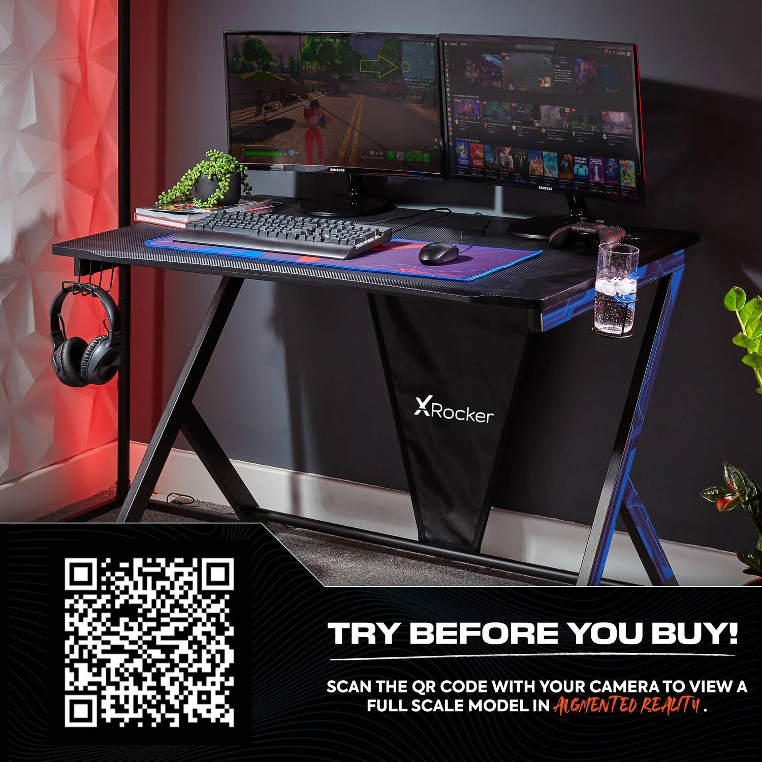 Ocelot 115cm Gaming Desk with Mousepad - Carbon Black
