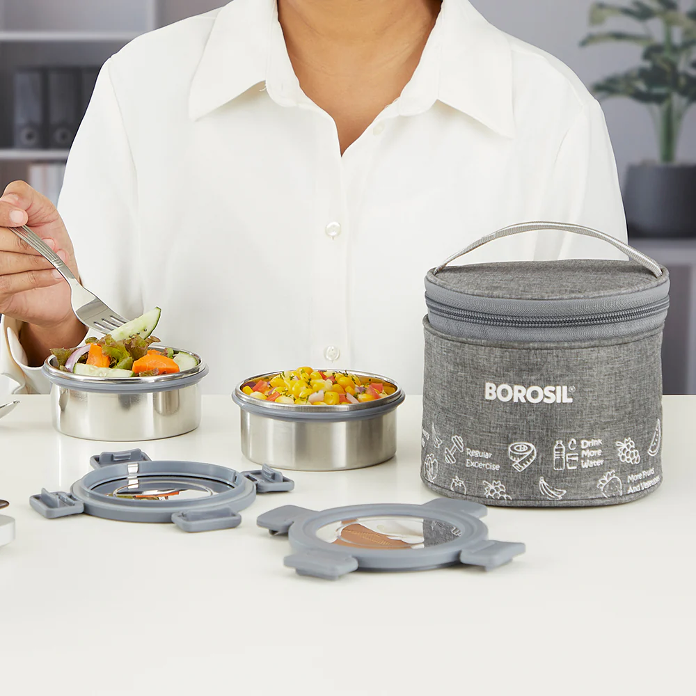 Borosil Slate Stainless Steel Lunchbox, Set of 2, Tall, 280ml