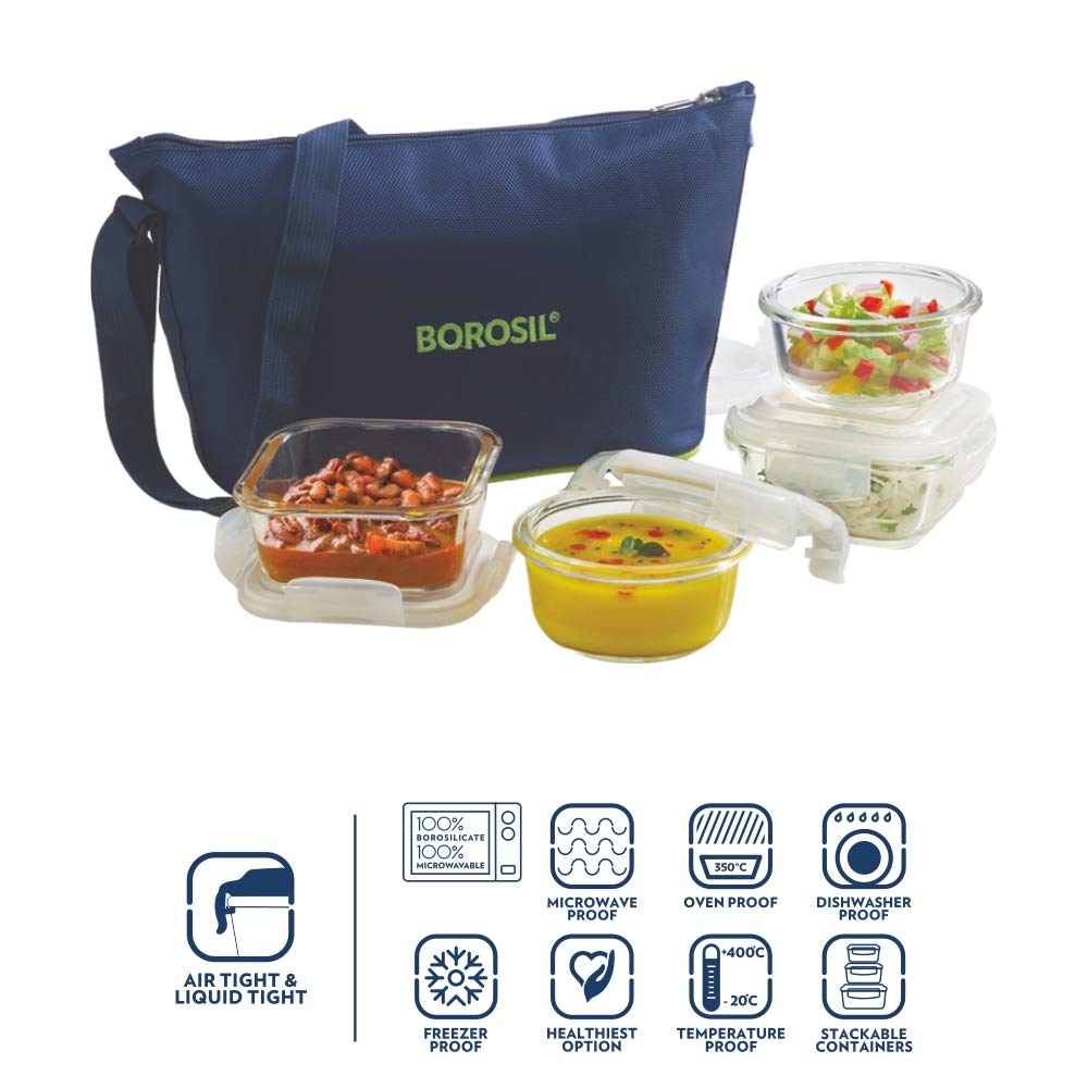 Borosil Blue Daisy Glass Lunchbox, 320ml x 2 (+) 240ml x 2