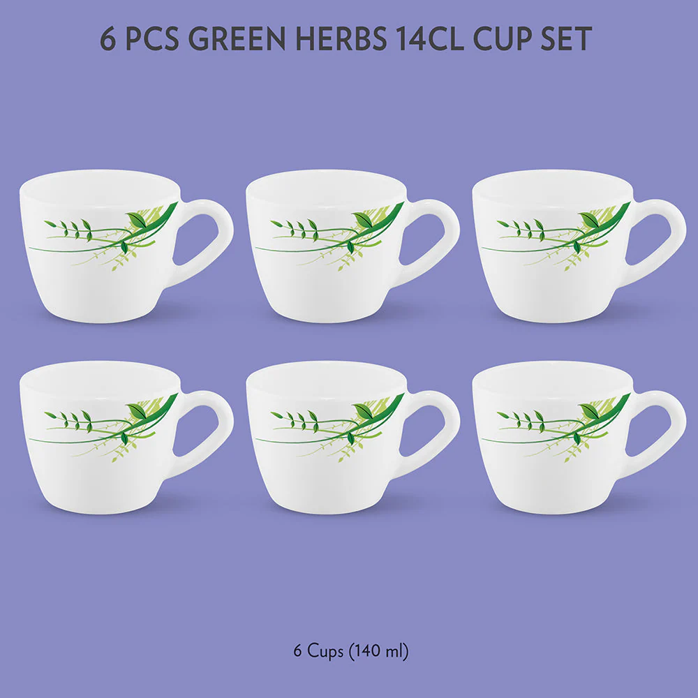 Larah by Borosil Green Herbs Cup Set, 140ml x 6