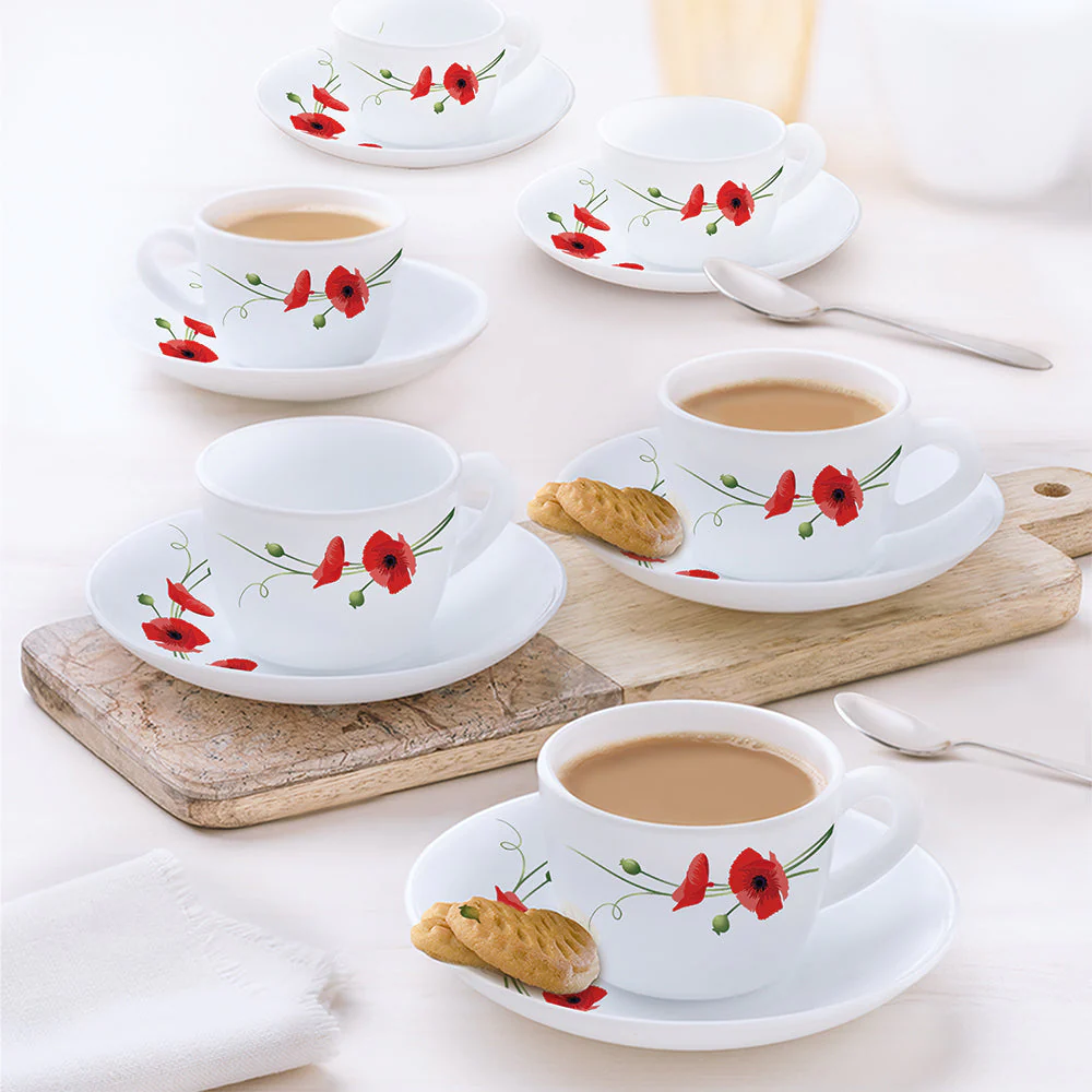 Larah by Borosil Red Carnation Cup n Saucer Set, 140ml x 8