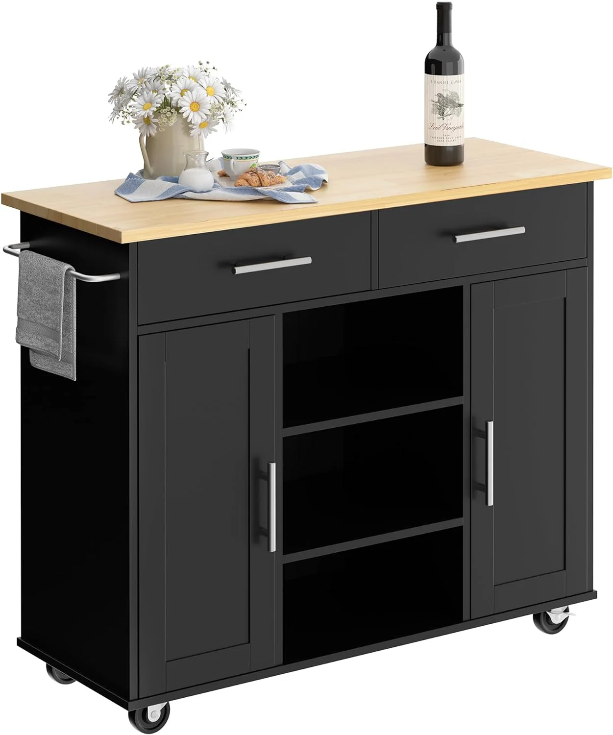 Small Kitchen Island on Wheels with 3-Tier Side Spice Rack and Rubber Wood Top