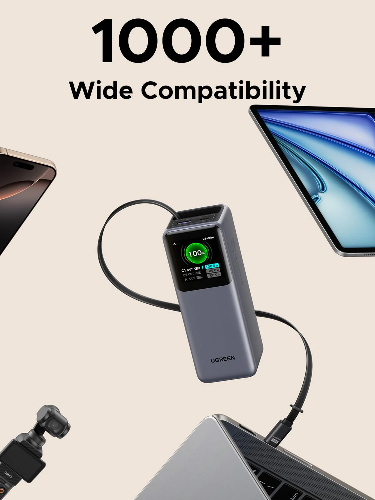 (Bundle) UGREEN Nexode 20000mAh 165W Power Bank + 2-Pack 100W USB-C Cables