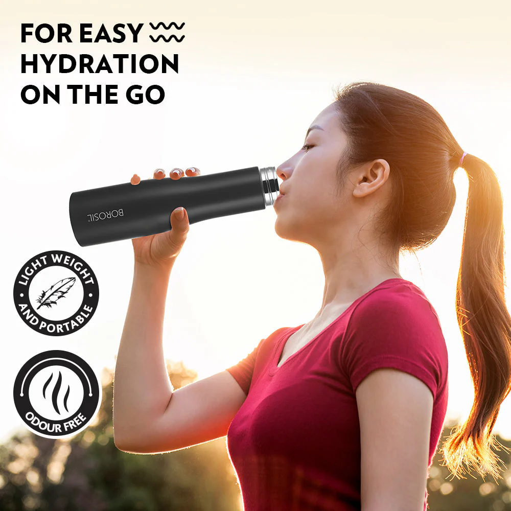 Borosil Swan Stainless Steel Single Wall Bottle, Black, 1L