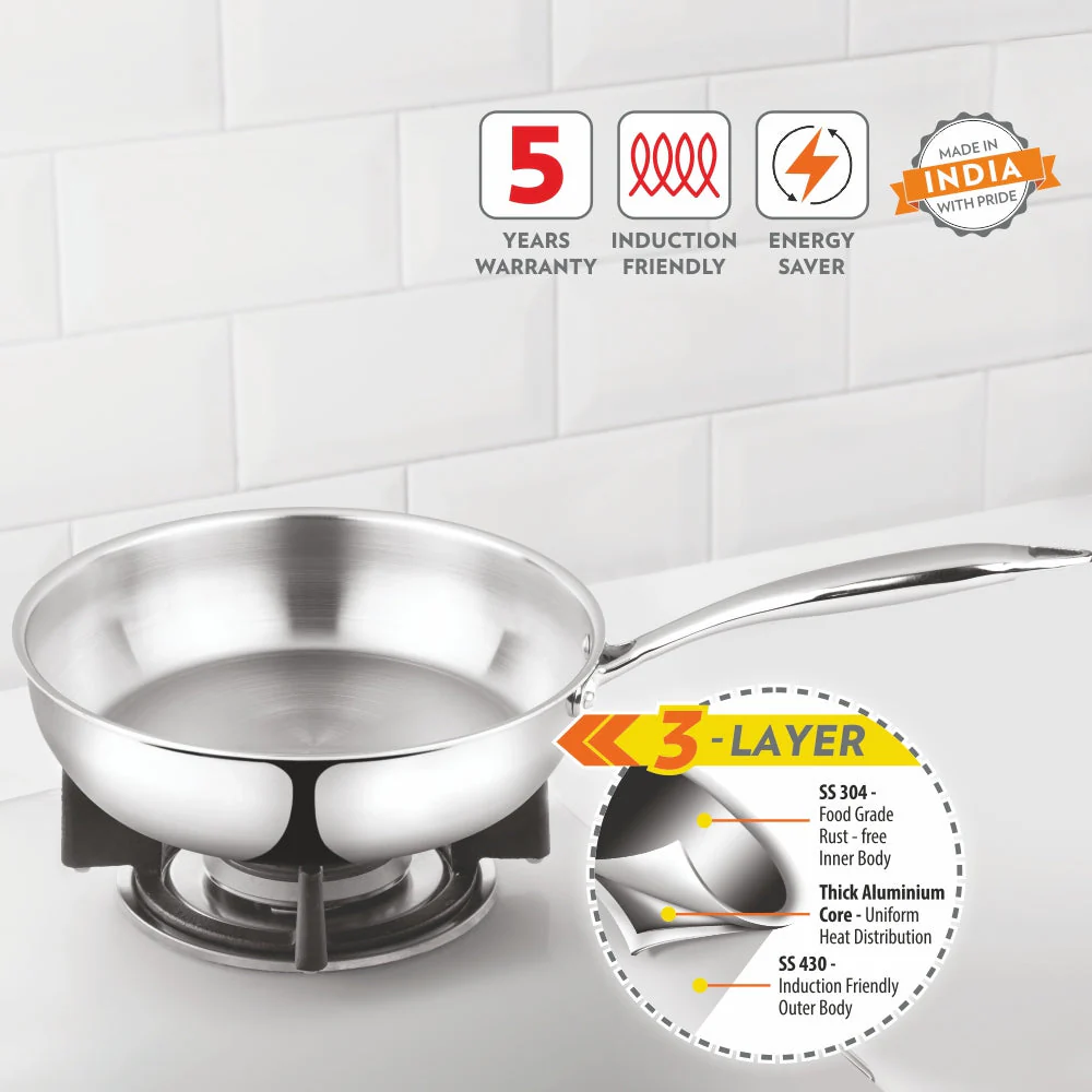 Borosil Cookfresh Triply Frying Pan (Steel Handle), 1.75L