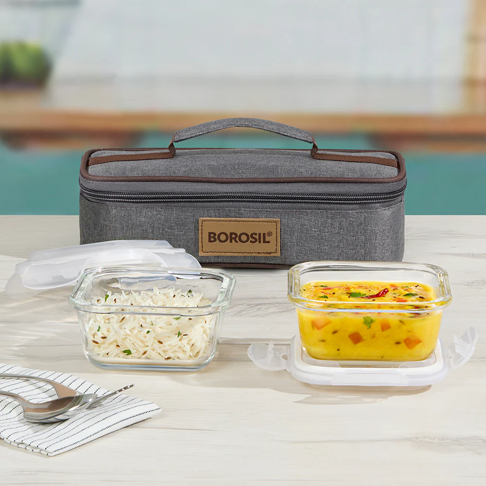 Borosil Pro Glass Lunchbox, Square x 2 (Flat), 320ml x 2
