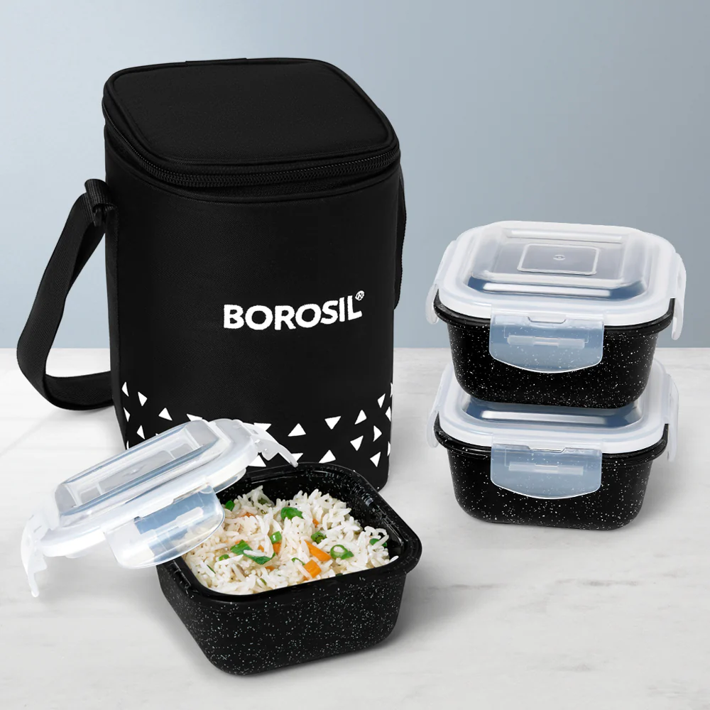 Borosil Kube Black Glass Lunch Box, Square x 3 (Tall), Set of 3, 320ml