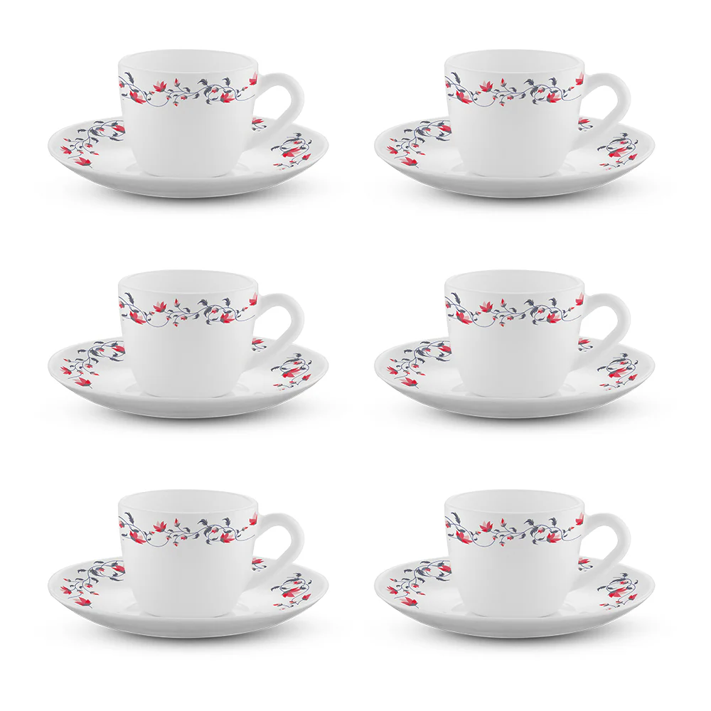 Larah by Borosil, Opalware, Microwave Safe, Pentas Cup n Saucer Set of 12, 90ml