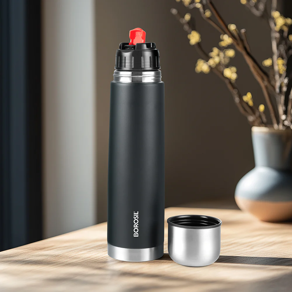 Borosil Thermo Double Wall Insulated Bottle 500ml, Matte Black
