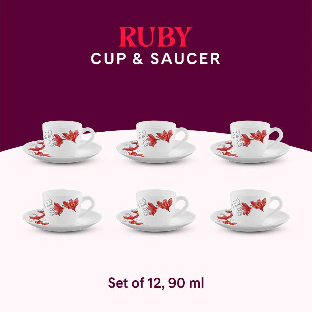 Larah by Borosil Ruby Cup n Saucer Set, 90ml x 12