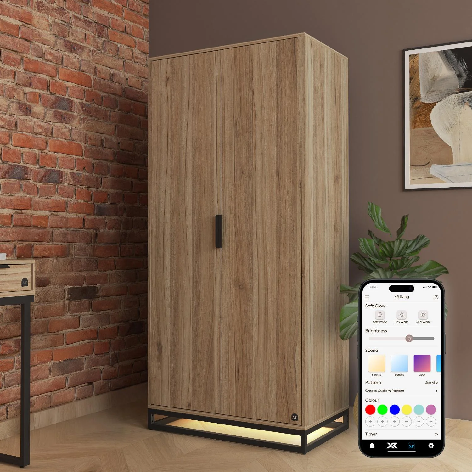 Denver 2 Door Wardrobe With App Controlled LED Lights - Oak / Black