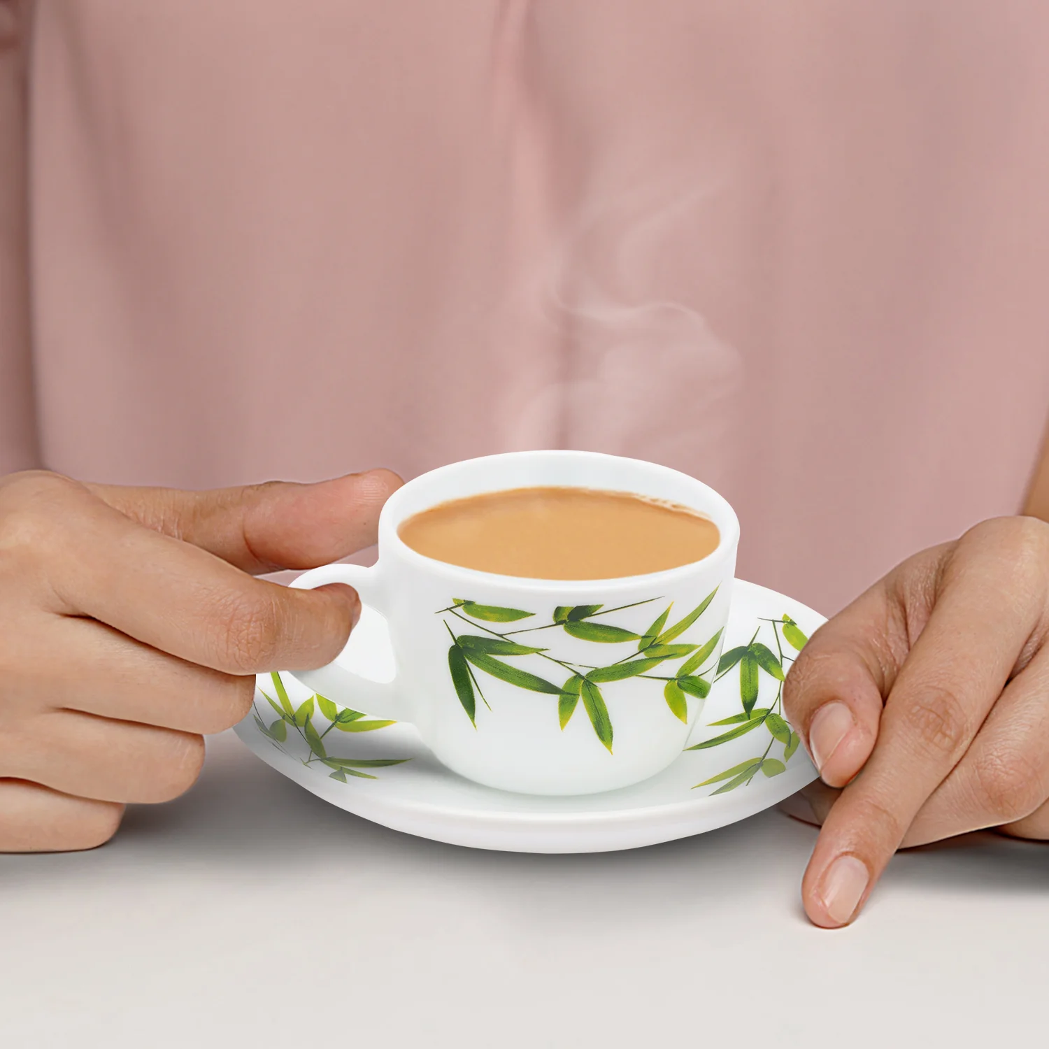 Larah by Borosil Bamboo Leaves Cup n Saucer Set, 140ml x 8