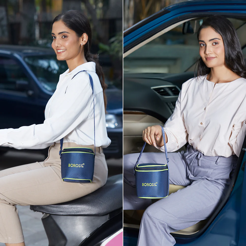 Borosil Blue Glass Lunchbox, Square x 2 (Tall), 320ml x 2