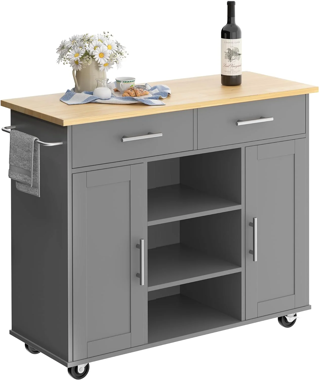 Small Kitchen Island on Wheels with 3-Tier Side Spice Rack and Rubber Wood Top