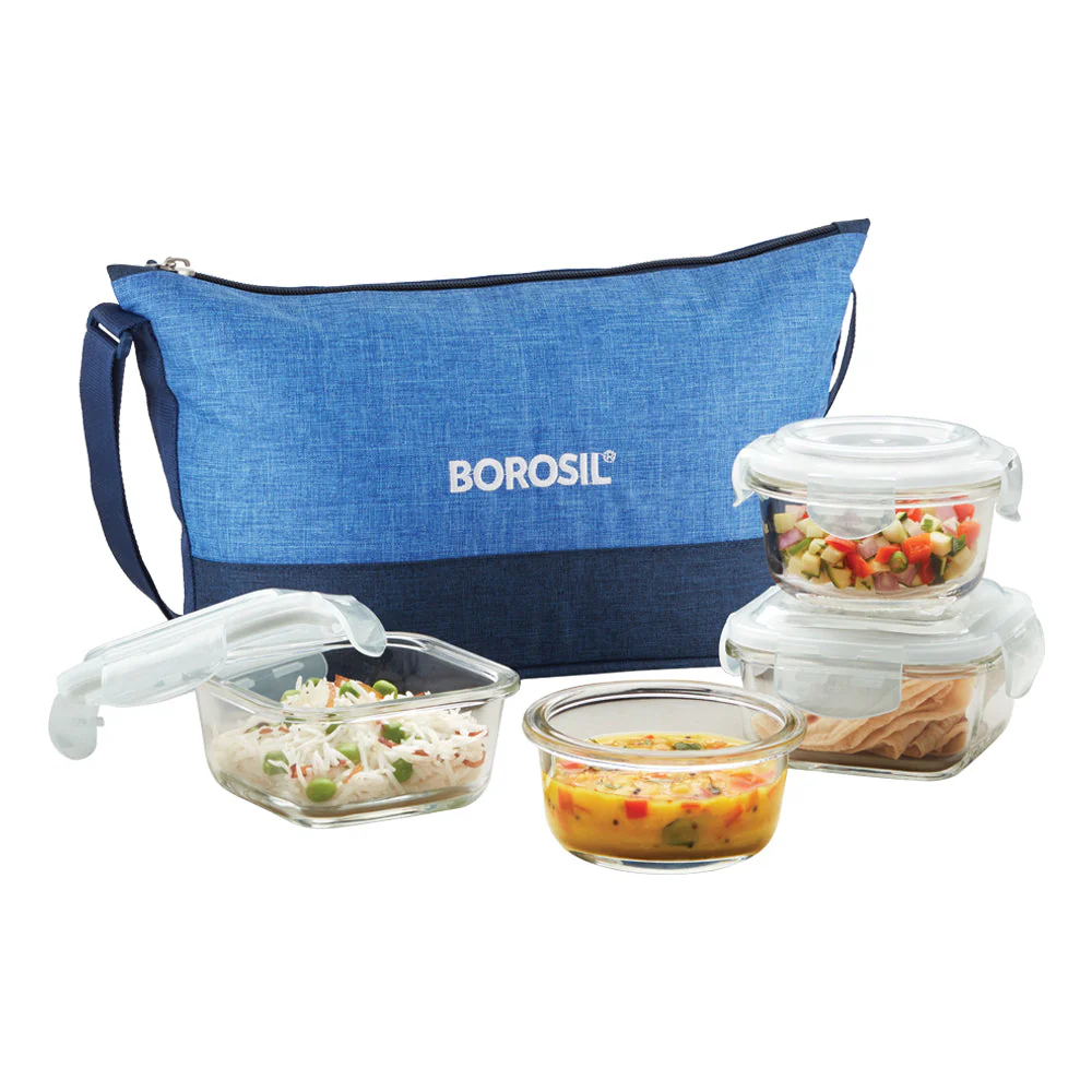 Borosil Prime Daisy Glass Lunchbox, 320ml x 2 (+) 240ml x 2