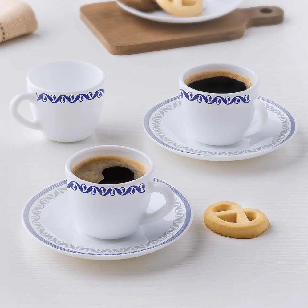 Larah by Borosil Jazzblue Cup n Saucer Set, 140ml x 8