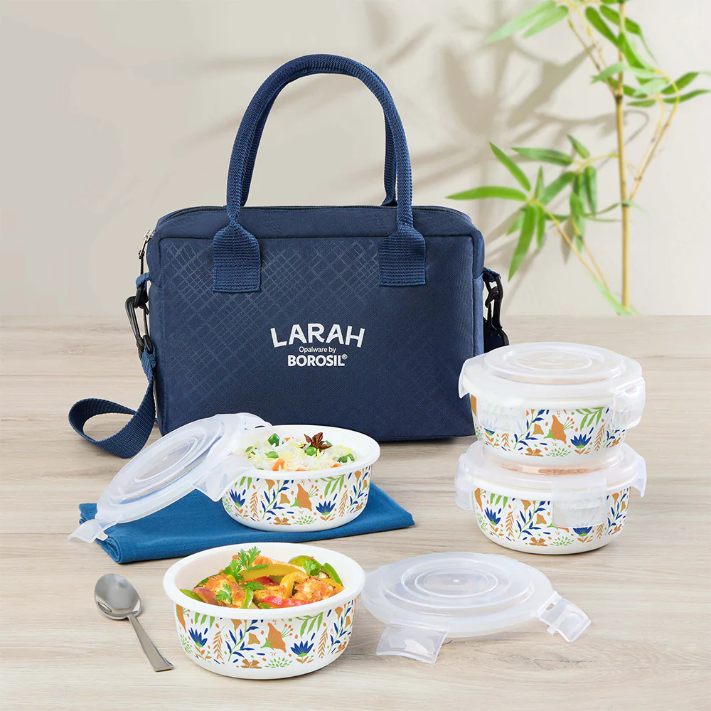 Larah by Borosil Ziva Navy Lunchbox, Set of 4, Blue, 400ml