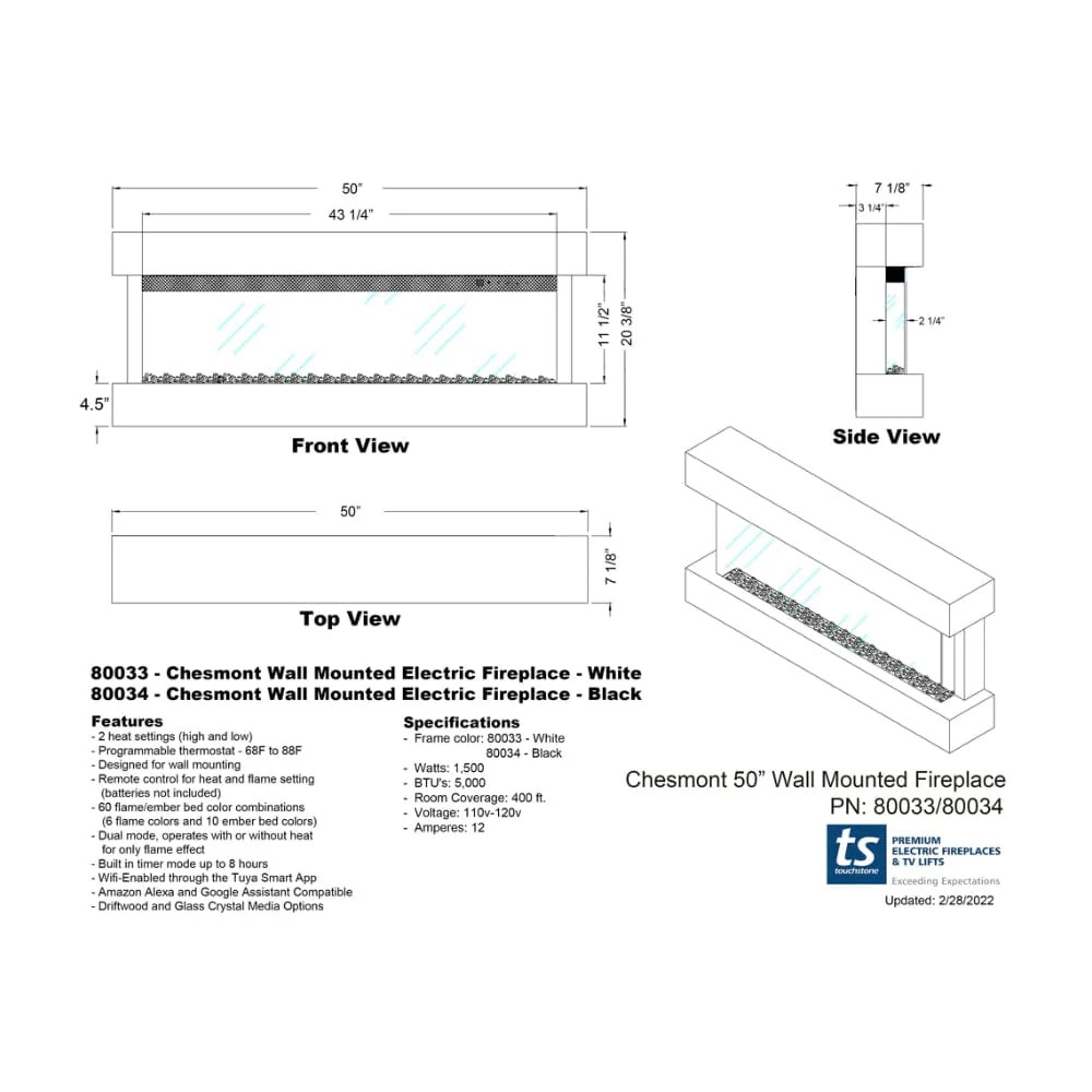 Chesmont Black 50 Inch 80034 Wall Mount 3-Sided Smart Floating Electric Fireplace (Alexa/Google Compatible)