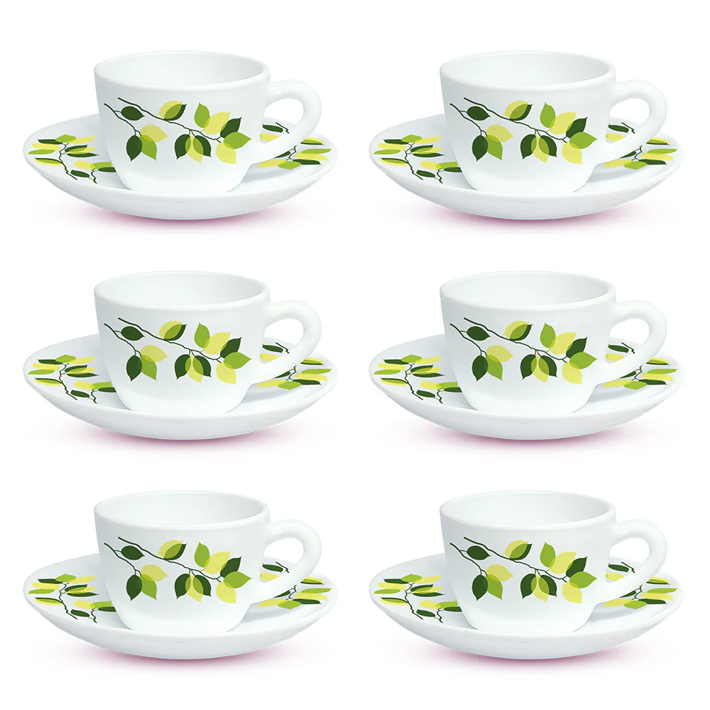 Larah By Borosil Green Leaves Cup n Saucer Set, 140ml x 12