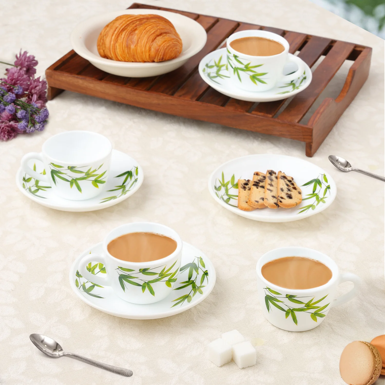 Larah by Borosil Bamboo Leaves Cup n Saucer Set, 140ml x 8