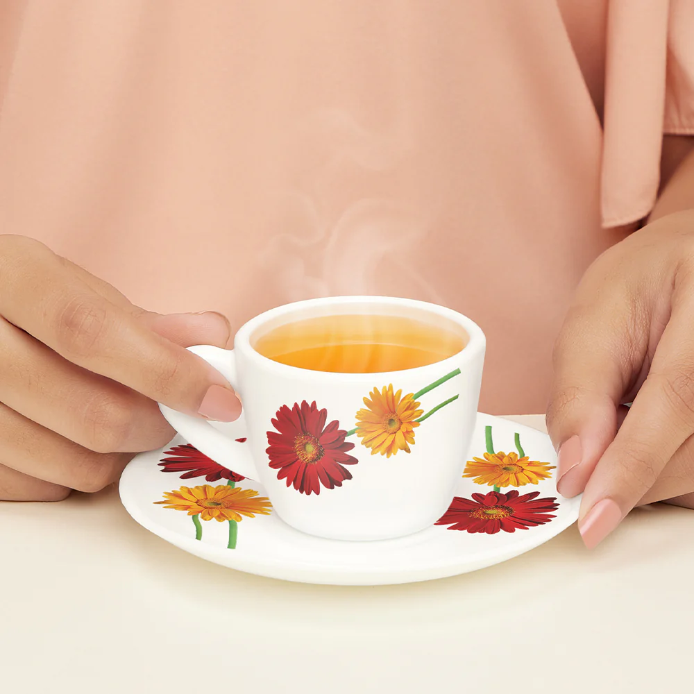 Larah by Borosil Zinnia Cup n Saucer Set, 90ml x 12