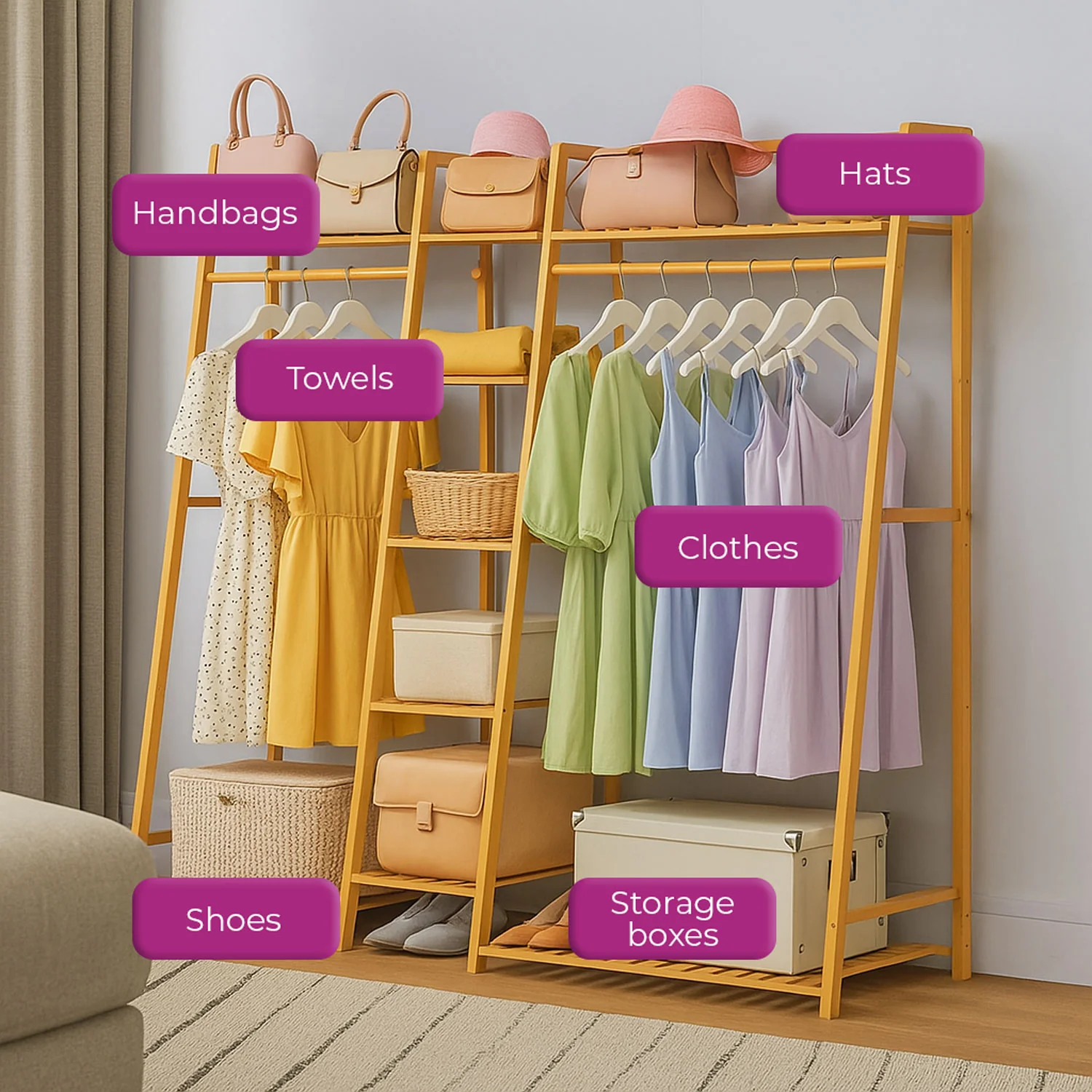 Neo Natural Bamboo Freestanding Open Clothes Rail & Shelves