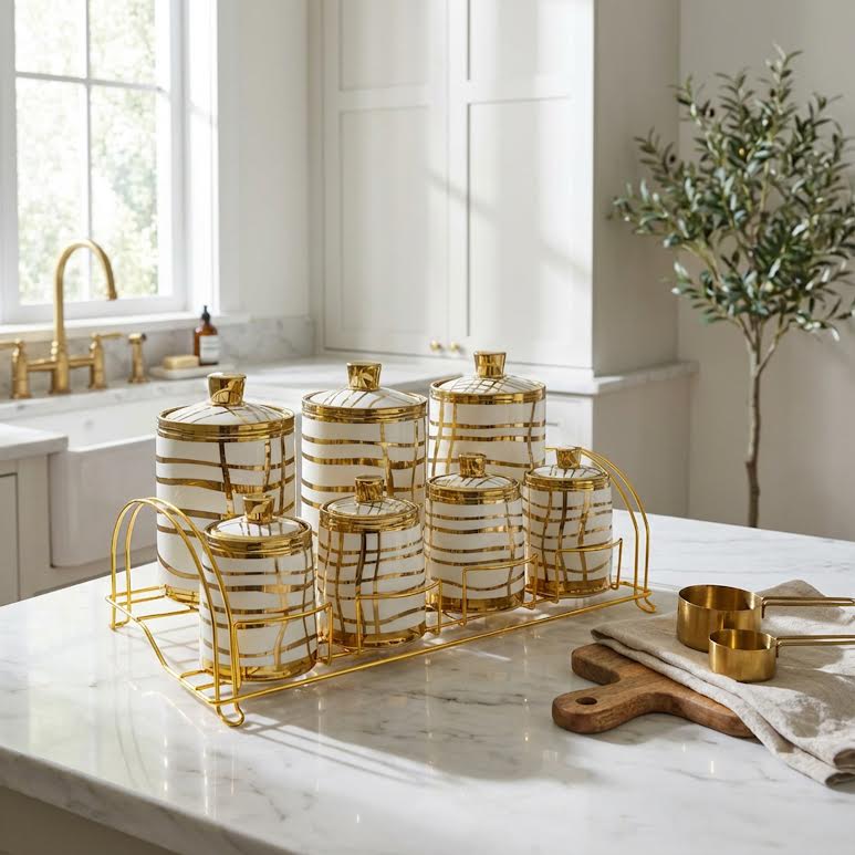 7 Piece Line Design Canister Set Gold & White