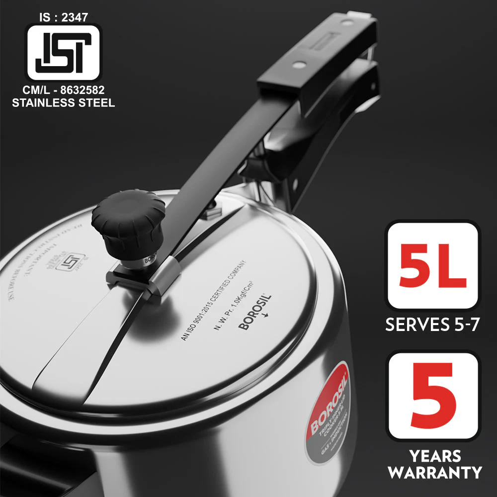 Borosil Kitchen Delight Set-Buy Inner Lid Pressure Cooker 5 L & Get 1 L x 2 Casseroles with Lid Free Worth ₹ 1,499/-