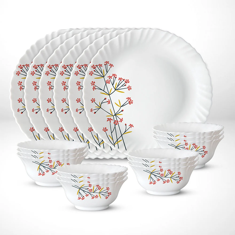Larah by Borosil Red Bud Thali Set, 6 Plates + 12 Bowls