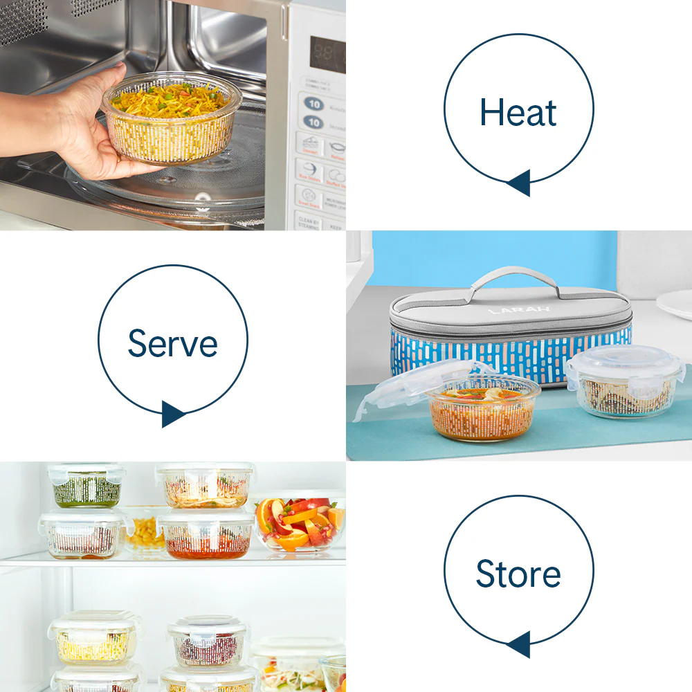 Larah Vogue Glass Lunchbox, Round x 2 (Flat), 400ml x 2