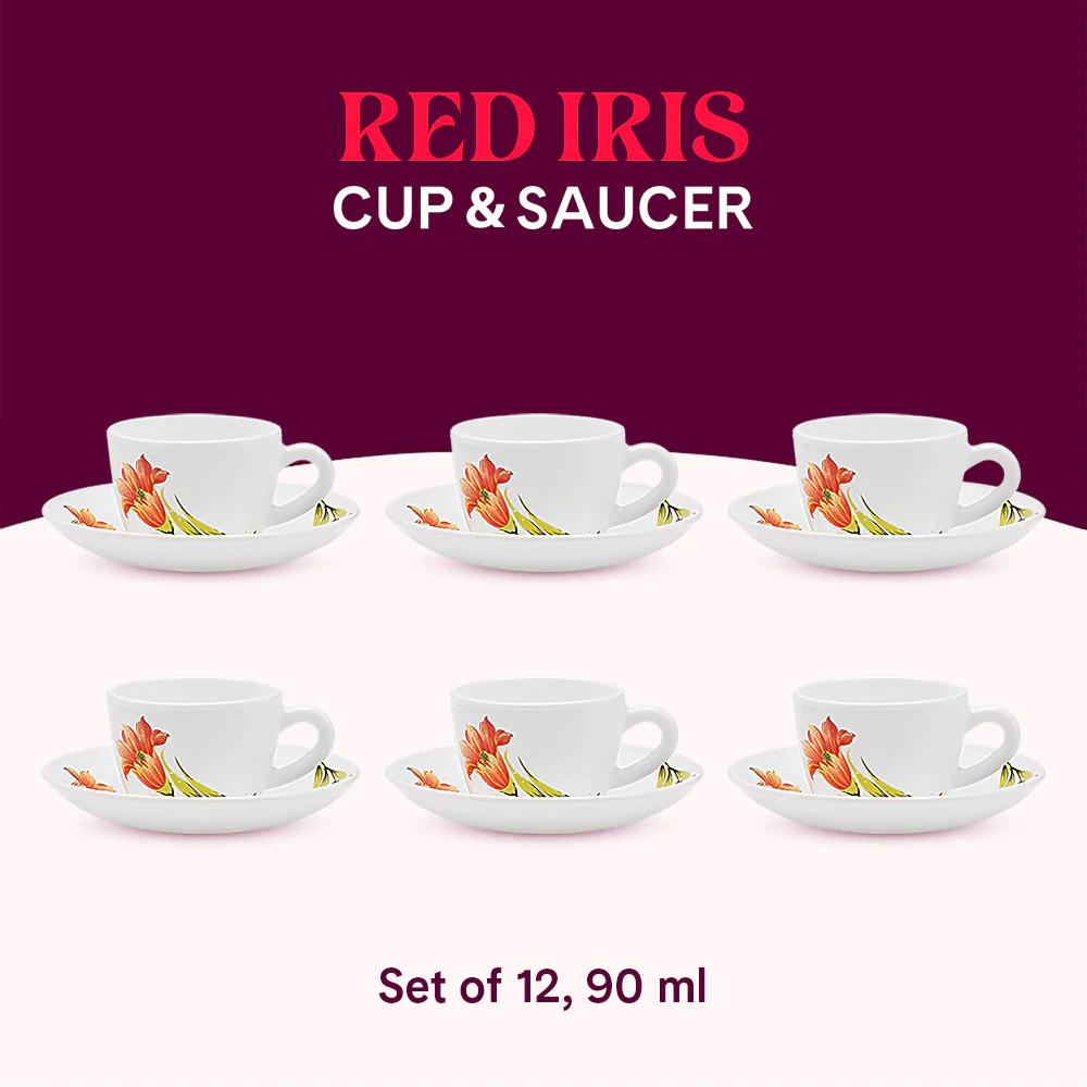 Larah by Borosil Red Iris Cup n Saucer Set, 90ml x 12